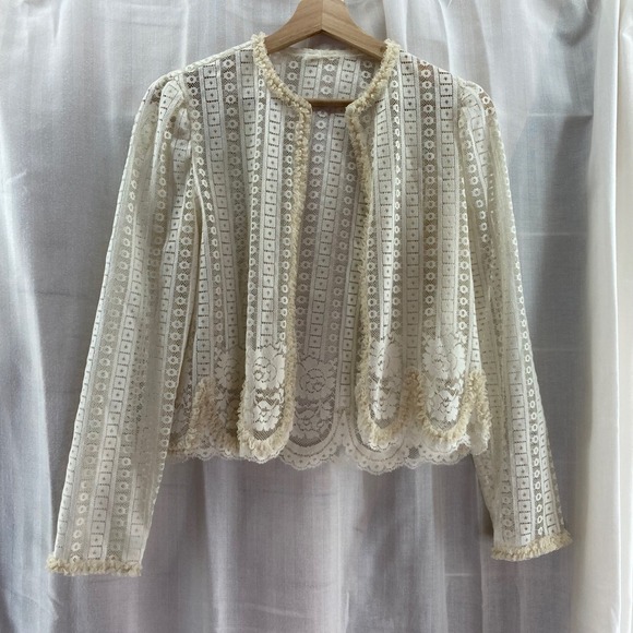 Ivory Lace Cropped Bolero Jacket, Floral Ruffle Trim, Bridal Cover Up - Picture 1 of 5